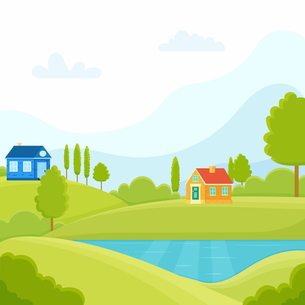 Panorama plano dos desenhos animados da primavera verão bela natureza verde pastagens floresta de prados