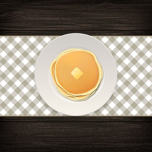Panqueca de comida vista superior com café e jogo americano na mesa de  madeira