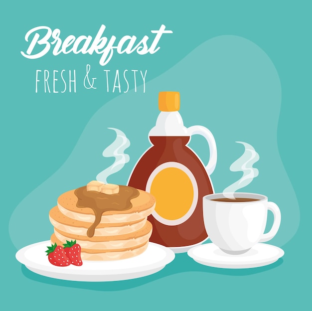 Panquecas de café da manhã com garrafa de xarope e ilustração de xícara de café