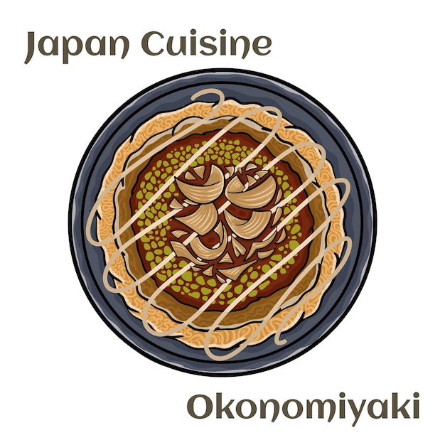 Vetor panquecas de estilo japonês okonomiyaki ou pizza comida tradicional japonesa popular