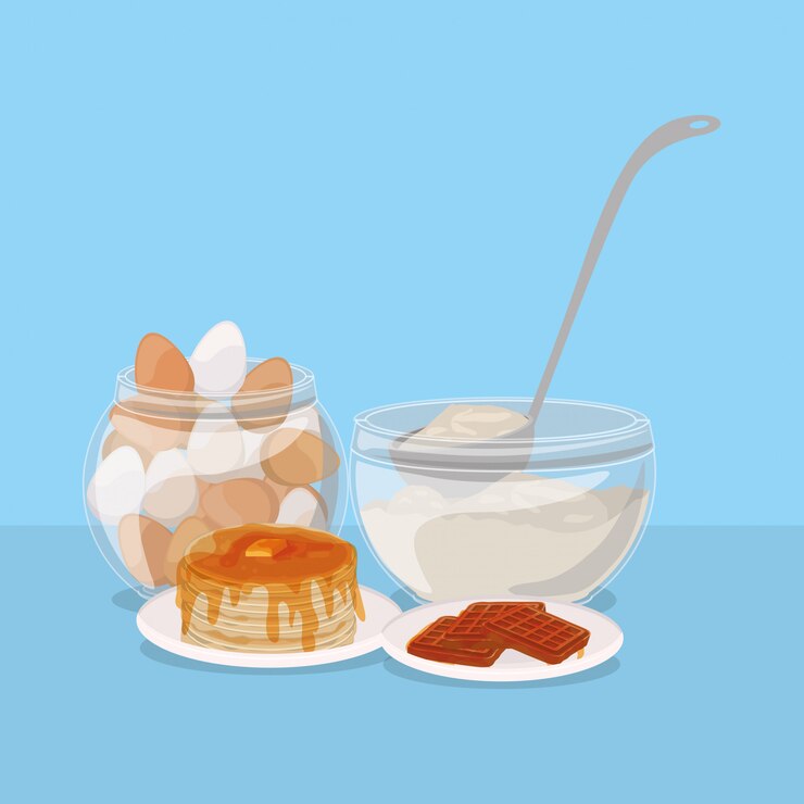 Vetor panquecas de ovos e waffles de ovos de café da manhã, comida refeição produto fresco produto natural mercado premium e cozinhar tema ilustração vetorial