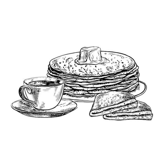 Panquecas e uma chávena de chá Desenho gráfico vetorial do pequeno-almoço Ilustração desenhada à mão em preto e branco