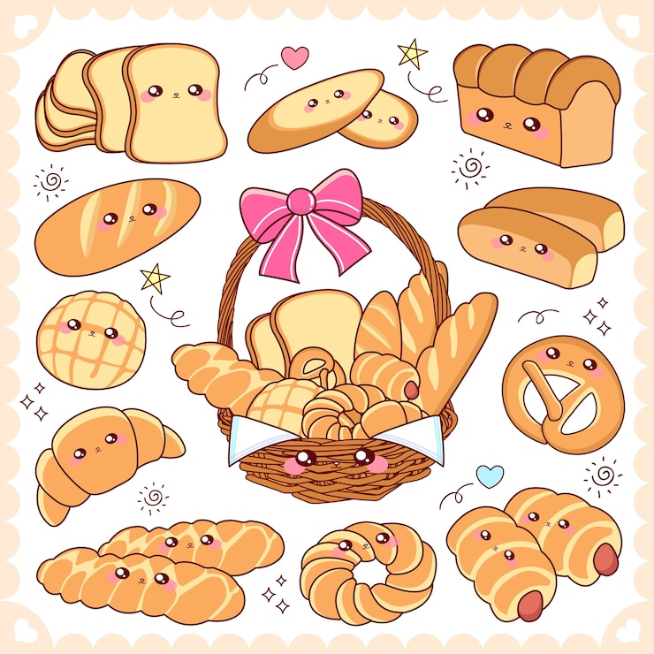 Vetor pão bonito dos desenhos animados na cesta