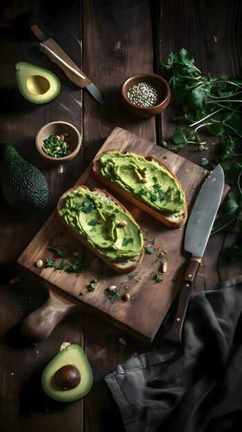Pão com pasta de ervilha verde e abacate numa tábua de madeira de cozinha cortada