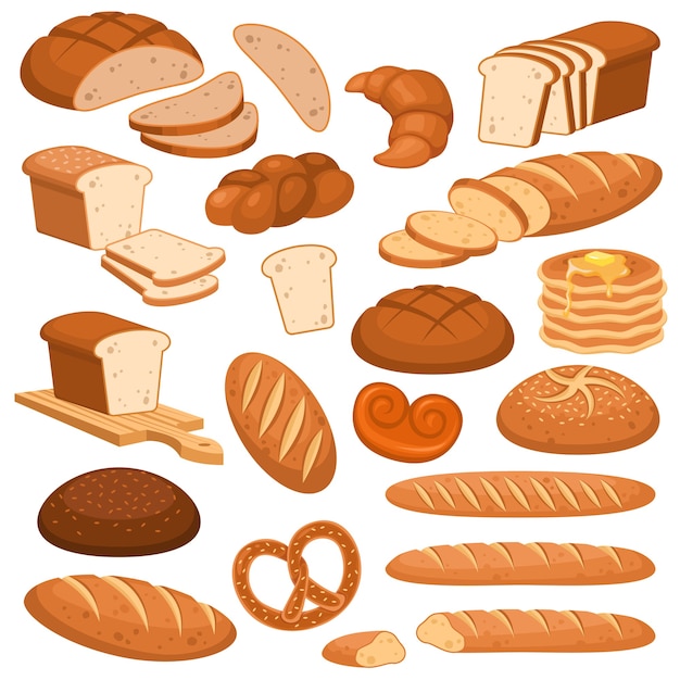 Vetor pão de desenho animado. produtos de panificação, centeio, pão fatiado de trigo e grão integral. baguete francesa, croissant e bagel, menu de torradas pão cereais variedade pãezinhos pastelaria