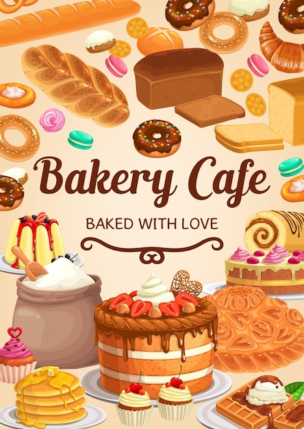 Pão de padaria ou cartaz de vetor de sobremesas de pastelaria