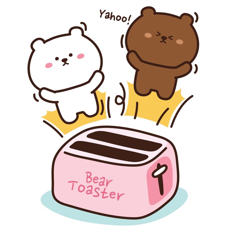 Pão de urso saindo de uma torradeira rosa, ilustração desenhada à mão