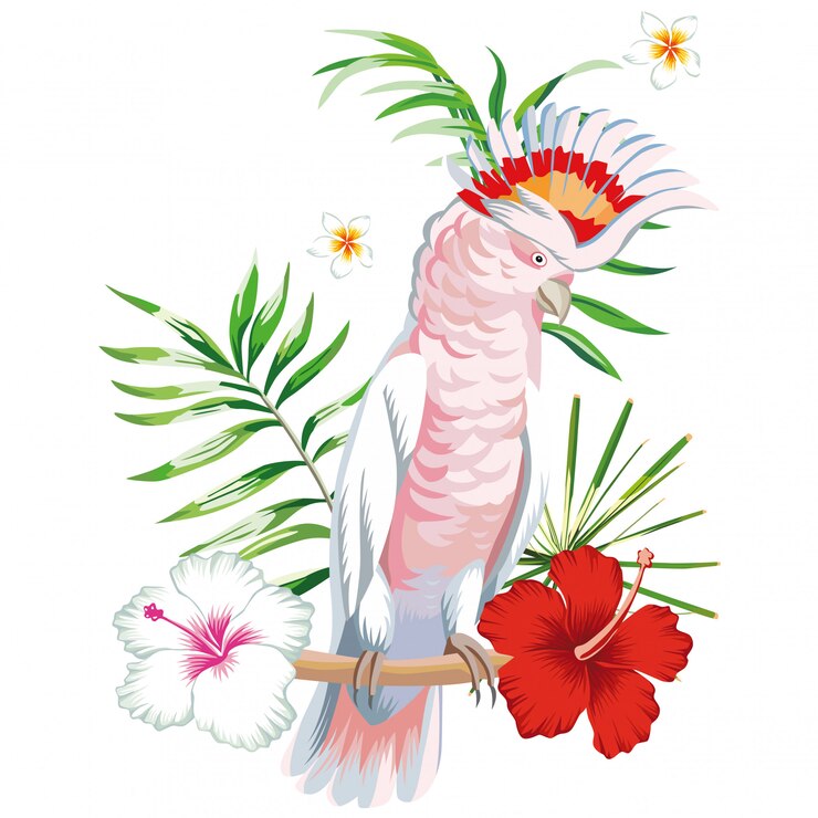 Papagaio ara com plantas e flores tropicais