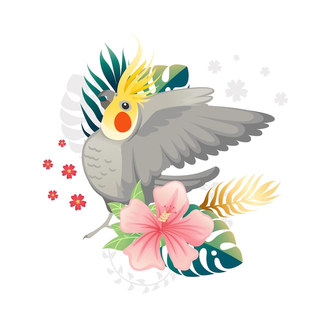 Papagaio de calopsita bonitinho senta-se com folhas verdes e desenho de cabeça de flor rosa ilustração vetorial plana isolada em fundo branco