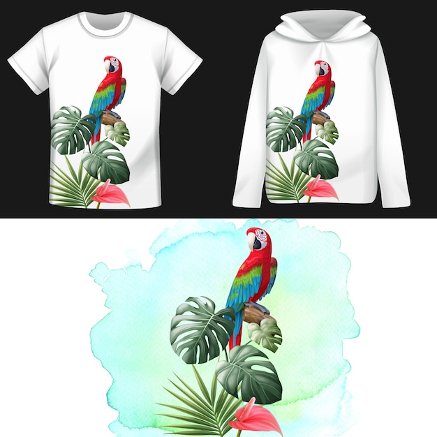 Vetor papagaio de camisa padrão e folhas tropicais