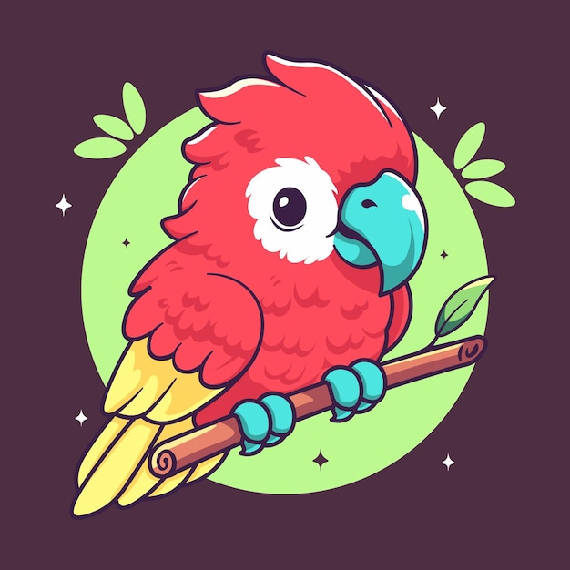 Papagaio de desenho animado bonito em um galho Ilustração vetorial desenhada à mão
