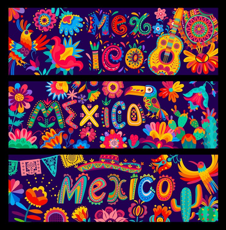 Vetor papagaio de guitarra sombrero de desenhos animados de bandeiras mexicanas