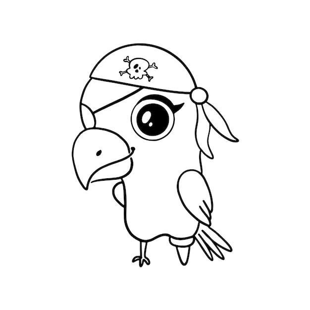 Papagaio do pirata do estilo doodle isolado no branco. página para colorir de animais piratas