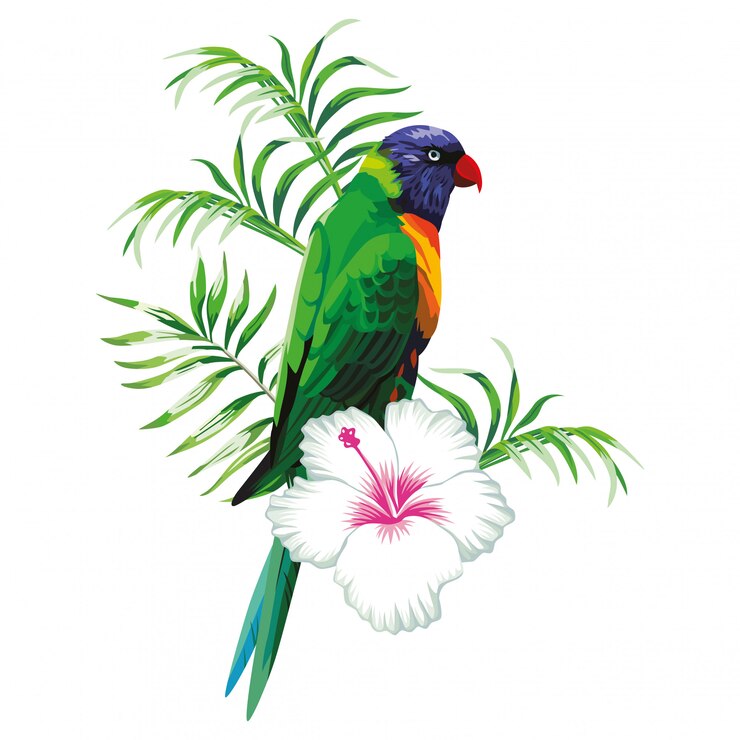 Papagaio verde com plantas