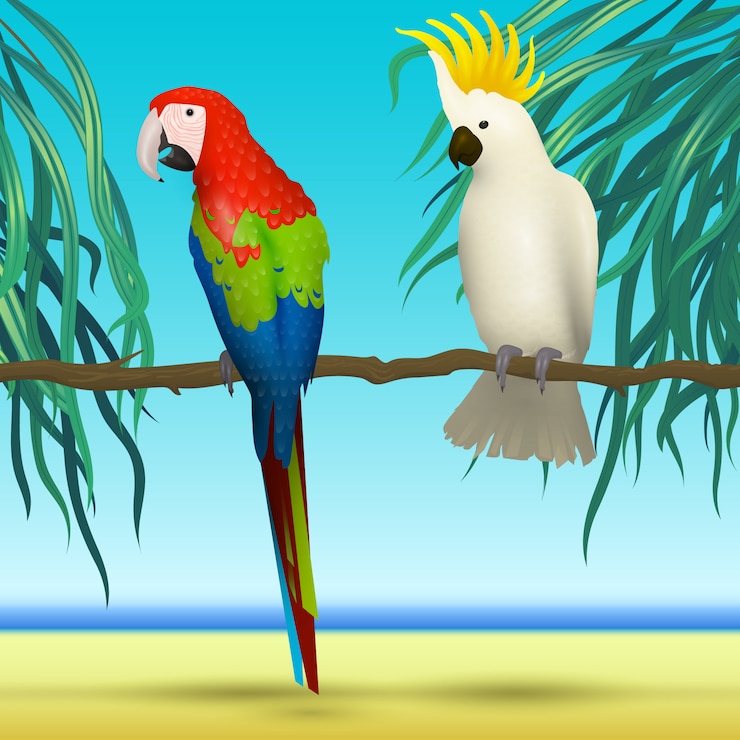 Vetor papagaios, cacatua, pássaros realistas, sentado no fundo tropical ramo com praia e mar