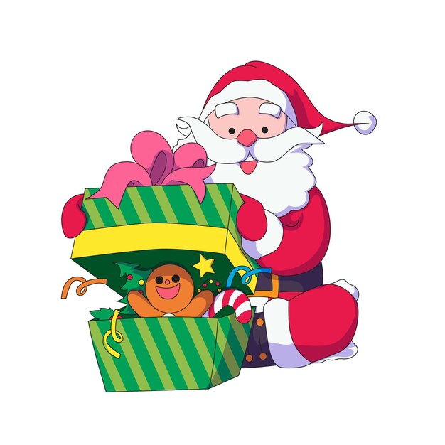 Papai Noel abre um presente contendo um bolo de chocolate uma árvore de Natal uma barra de doces e uma estrela