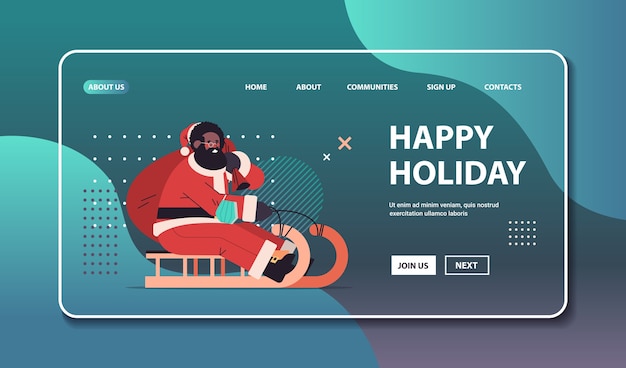 Papai Noel americano africano com máscara protetora andando de trenó feliz ano novo, feliz natal, feriados, celebração, conceito, cópia horizontal, espaço, vetorial, Ilustração
