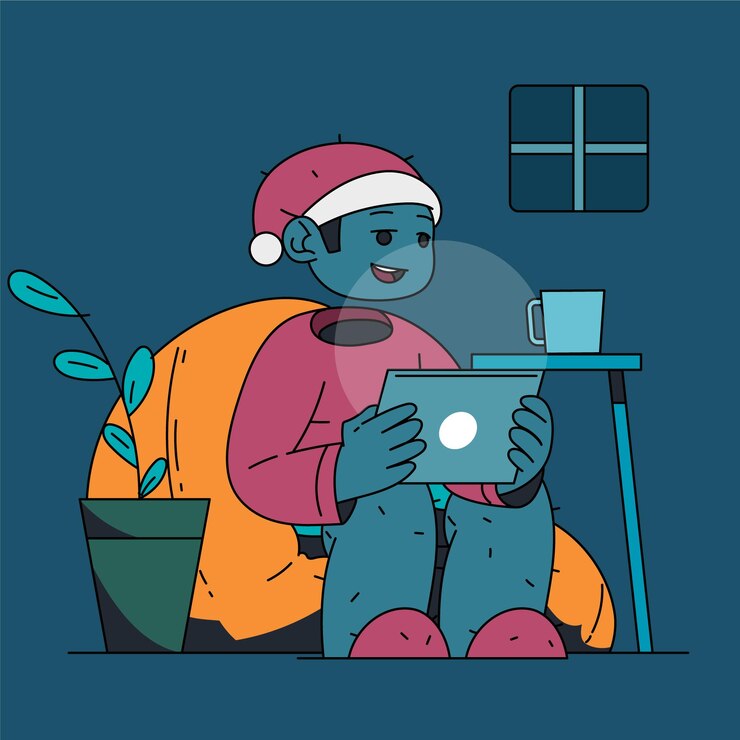 Vetor papai noel aproveitando seu tempo de trabalho na véspera de natal em design plano