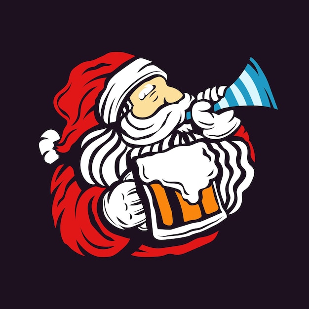 Papai noel bebendo cerveja e soprando uma trombeta ilustração vetorial para comemorar o ano novo e o natal