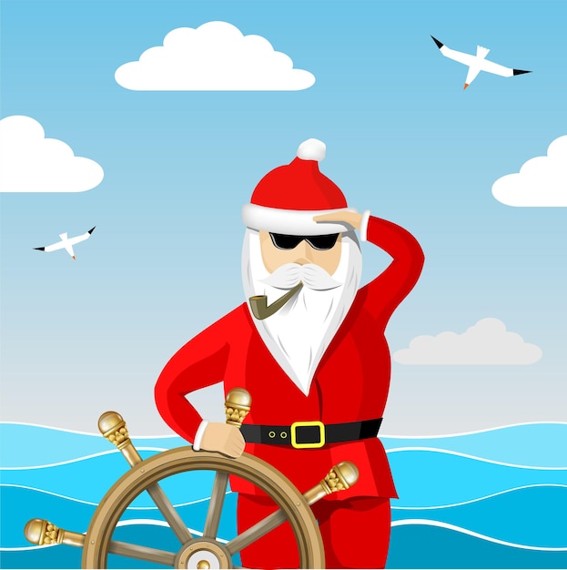 Papai Noel capitão no leme no mar