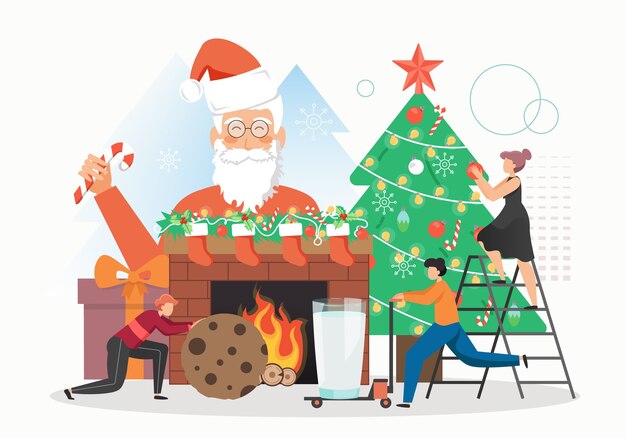 Papai Noel com bengala de doces, pessoas felizes decorando a árvore de Natal com guirlanda de bolas