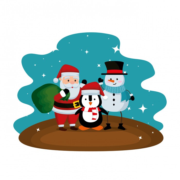 Vetor papai noel com boneco de neve e pinguim