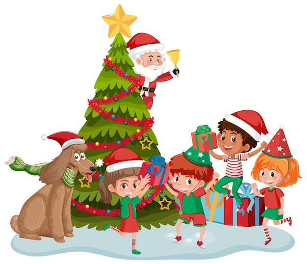 Papai noel com crianças felizes e árvore de natal