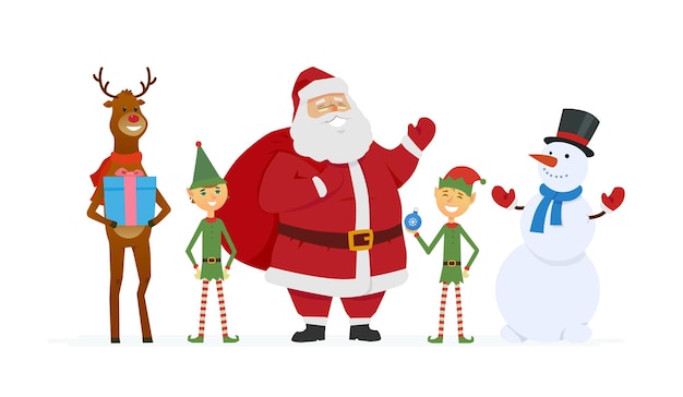Papai Noel com duendes, renas, boneco de neve - ilustração isolada de personagens de desenhos animados no fundo branco. Símbolos felizes de ano novo ficam com presentes. Perfeito como cartão de felicitações, convite, pôster