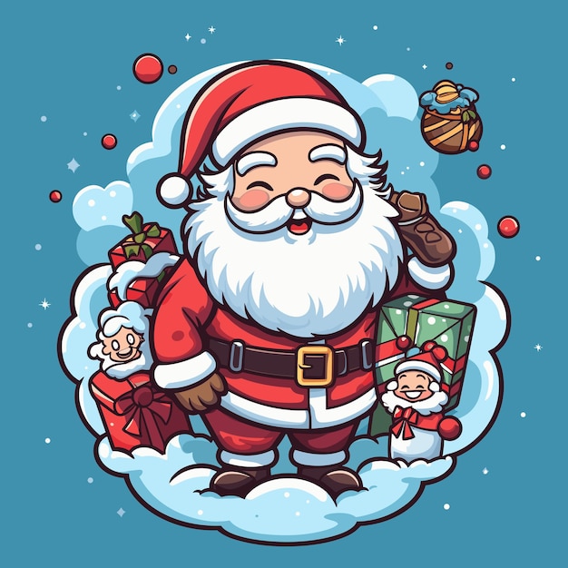 Papai Noel com presentes e cana-de-açúcar contorno de linha de arte doodle ilustração de desenho animado