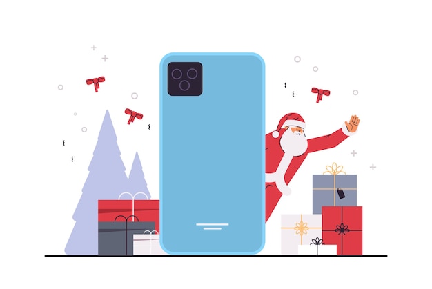 Papai noel com presentes embrulhados usando smartphone conceito de celebração de feriados de natal de ano novo horizontal ilustração vetorial