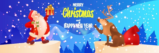 Papai noel com renas segurando presentes ano novo natal feriados celebração conceito lettering cartão de saudação paisagem fundo comprimento total ilustração vetorial horizontal