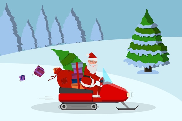 Papai Noel com sacola vermelha na moto de neve na floresta de inverno, desenho bonito.