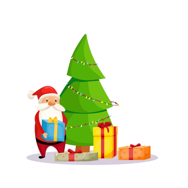 Papai noel dá presentes ao lado de uma árvore de natal decorada. ilustração vetorial. natal