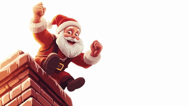 Vetor papai noel de desenho animado festivo emergiu da chaminé no telhado