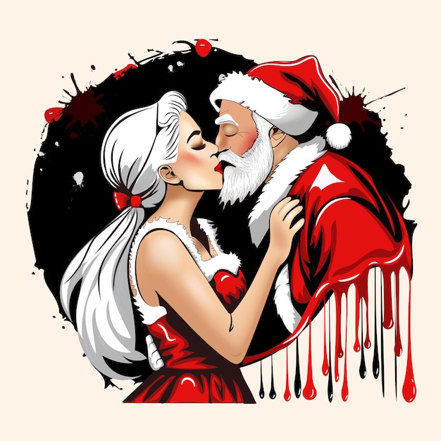 Papai Noel de terno vermelho beija uma menina bonita nos lábios Design para camiseta de Ano Novo Ilustração vetorial estilizada