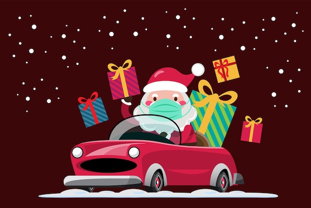 Papai Noel dirige um automóvel para enviar um presente de Natal para crianças ao redor do mundo usando uma máscara. Elemento de recorte de feliz Natal para cartões de festas, convites e decoração de comemoração do site