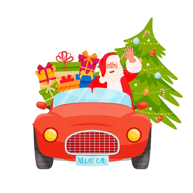 Papai noel dirigindo carro vermelho de natal com pinho de natal e presentes