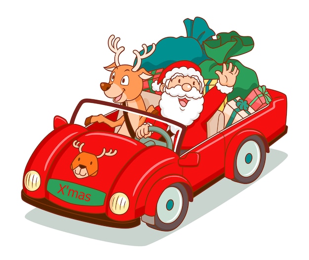 Papai Noel dirigindo um carro com renas ao lado.