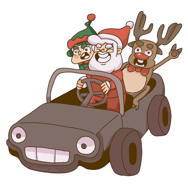 Papai Noel, duende e renas de Natal andando de carro
