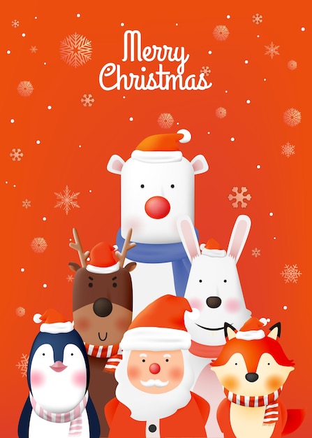 Papai noel e gangue de animal festa com personagem muito fofo em arte em papel