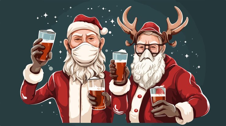 Vetor papai noel e renas bebendo cacau quente na véspera de natal