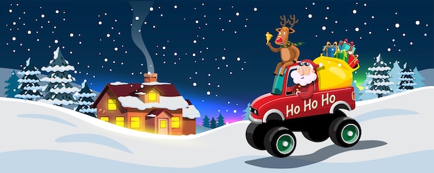 Papai Noel e renas dirigem um automóvel para entregar presentes de Natal para crianças de todo o mundo