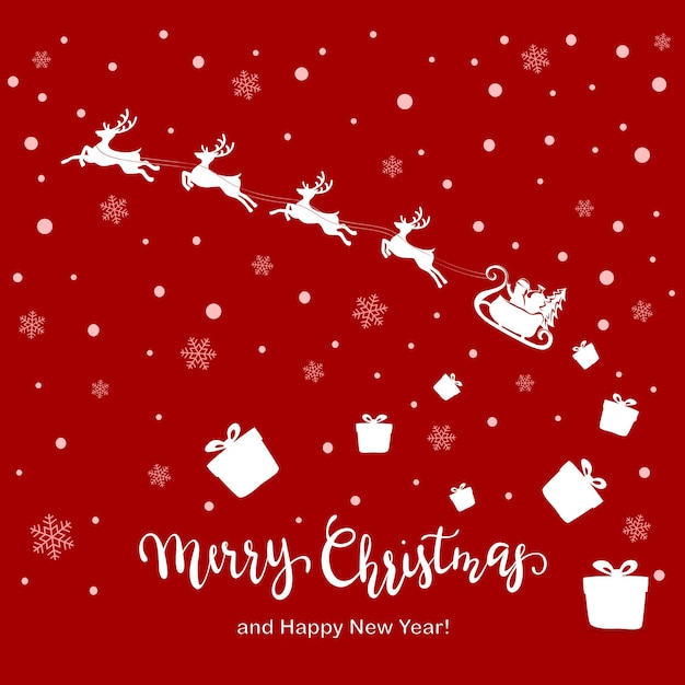 Papai Noel e renas voam em um fundo vermelho nevado e perde caixas de presente. Letras de feliz Natal e feliz ano novo. Ilustração para design de férias, cartões, convites, cartazes, cartões postais, banners