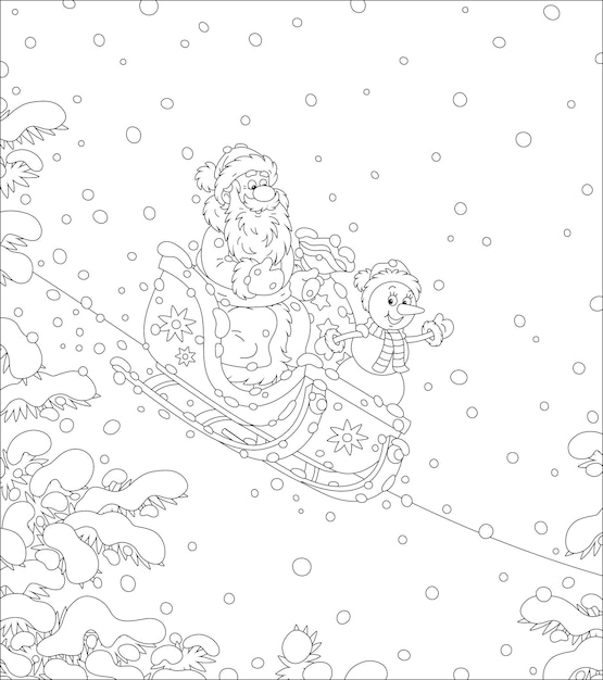 Papai Noel e um boneco de neve de brinquedo engraçado com um saco mágico de presentes de feriado descendo uma colina de neve