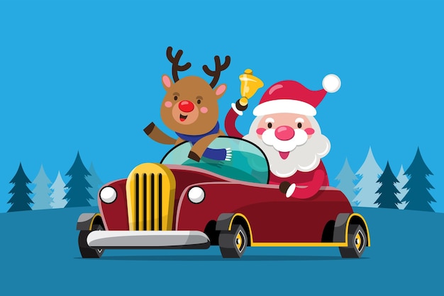 Papai Noel e uma rena dirigem um automóvel para entregar presentes de Natal para crianças de todo o mundo Elemento recortado de Feliz Natal para cartões de Natal