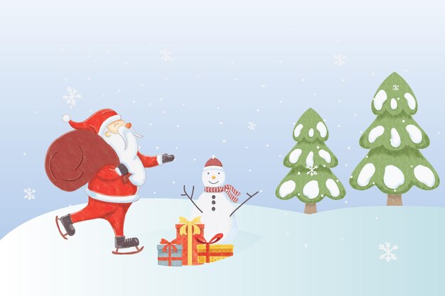 Papai Noel em aquarela traz presentes e boneco de neve feliz natal