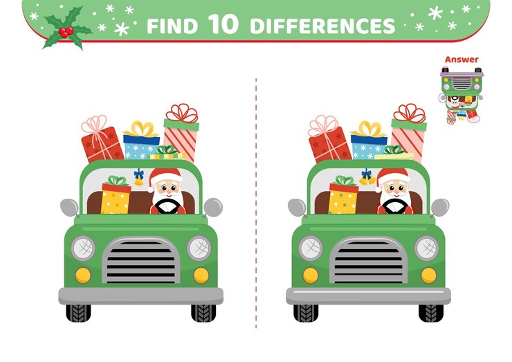 Vetor papai noel em coleta com presentes encontre 10 diferenças jogo flat cartoon vector