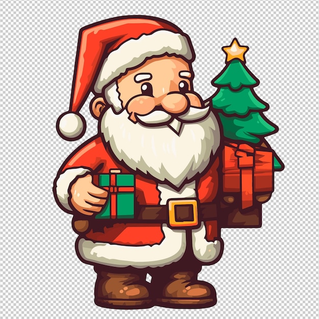 Vetor papai noel em estilo de pixel 2d carregando árvore de natal e presentes