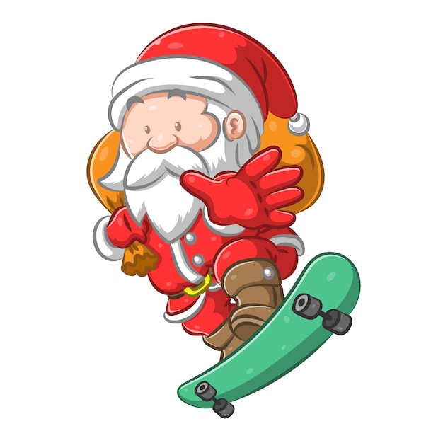 Papai noel em pé na prancha do skate segurando um saco de presentes