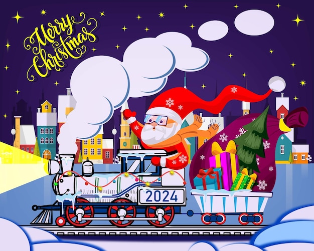 Vetor papai noel em um trem a vapor com presentes feliz natal e feliz ano novo ilustração de natal